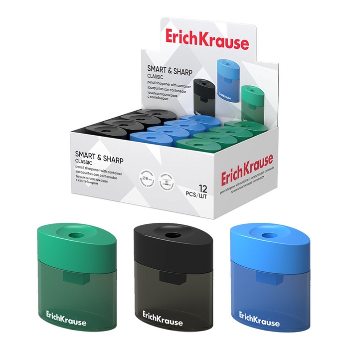 Точилка Erich Krause. SMART & SHARP, диаметр отверстия 8 мм, с контейнером, МИКС